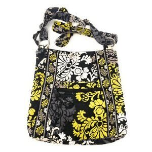 Vera Bradley Baroque Saddle Up Bag Purse Crossbody Black Yellow Floral